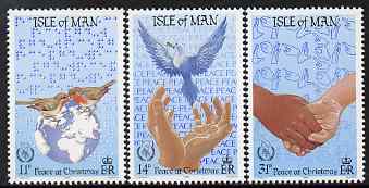 Isle of Man 1986 Christmas and International Peace Year set of 3 unmounted mint, SG 331-33, stamps on christmas, stamps on peace, stamps on birds