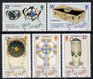 Isle of Man 1989 125th Birth Anniversary of Archibald Knox (artist and designer) set of 5 unmounted mint, SG 403-07, stamps on arts, stamps on clocks, stamps on jewlry, stamps on jewellery, stamps on 