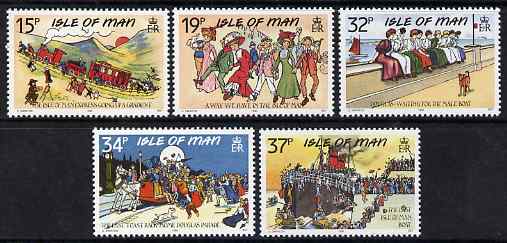 Isle of Man 1990 IOM Edwardian Postcards set of 5 unmounted mint, SG 433-37, stamps on , stamps on  stamps on railways, stamps on  stamps on fashion, stamps on  stamps on costumes, stamps on  stamps on ships