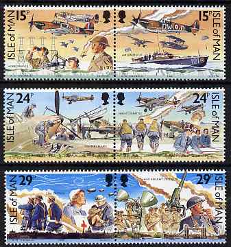 Isle of Man 1990 Battle of Britain 50th Anniversary set of 6 (3 se-tenant pairs) unmounted mint, SG 449-54, stamps on battles, stamps on  ww2 , stamps on  wwii , stamps on aviation, stamps on ships, stamps on nurses, stamps on medical, stamps on militaria