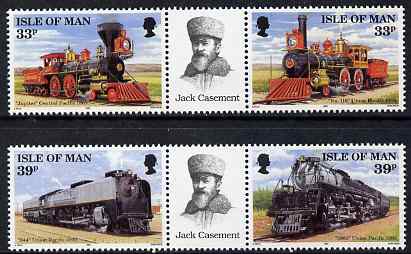 Isle of Man 1992 Union Pacific Railroad set of 4 (two se-tenant pairs with labels between) unmounted mint, SG 522a &524a, stamps on , stamps on  stamps on railways