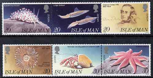 Isle of Man 1994 Europa - Discoveries of Marine Biologist Edward Forbes set of 6 unmounted mint, SG 600-605, stamps on europa, stamps on marine life, stamps on crabs, stamps on shells, stamps on starfish, stamps on molluscs, stamps on squid