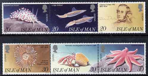 Isle of Man 1994 Europa - Discoveries of Marine Biologist Edward Forbes set of 6 unmounted mint, SG 600-605, stamps on , stamps on  stamps on europa, stamps on  stamps on marine life, stamps on  stamps on crabs, stamps on  stamps on shells, stamps on  stamps on starfish, stamps on  stamps on molluscs, stamps on  stamps on squid