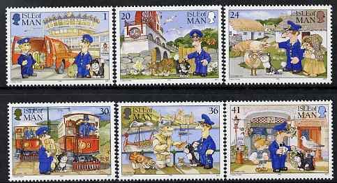 Isle of Man 1994 Postman Pat visits the Isle of Man set of 6 unmounted mint, SG 614-19, stamps on , stamps on  stamps on postal, stamps on  stamps on children, stamps on  stamps on police, stamps on  stamps on cats, stamps on  stamps on railways, stamps on  stamps on 