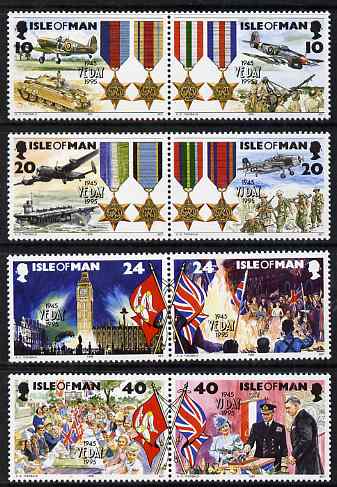 Isle of Man 1995 50th Anniversary of end of Second World War set of 8 (in 4 se-tenant pairs) unmounted mint, SG 641-48, stamps on militaria, stamps on medals, stamps on  ww2 , stamps on wwii, stamps on aviation, stamps on spitfire, stamps on typhoon, stamps on lancaster, stamps on flags, stamps on 