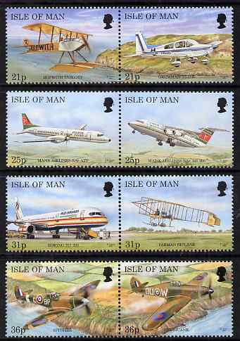 Isle of Man 1997 Manx Aircraft set of 8 (4 x se-tenant pairs), unmounted mint, SG 747-54, stamps on , stamps on  stamps on aviation, stamps on  stamps on spitfire, stamps on  stamps on hurricane, stamps on  stamps on sopwith, stamps on  stamps on boeing, stamps on  stamps on 