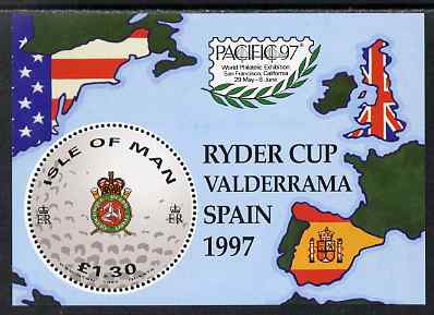 Isle of Man 1997 Golf m/sheet with Pacific 97 Internatiional Stamp Exhibition logo, unmounted mint, SG MS759, stamps on sports, stamps on golf, stamps on stamp exhibitions