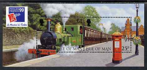 Isle of Man 1998 125th Anniversary of Isle of Man Steam Railway m/sheet with 'Philex France 99' International Stamp Exhibition logo unmounted mint, as SG MS807, stamps on , stamps on  stamps on railways, stamps on  stamps on stamp exhibitions, stamps on  stamps on postboxes