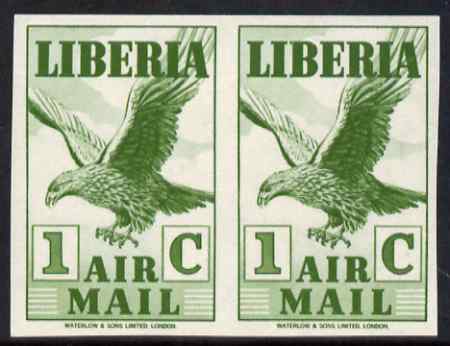 Liberia 1938 Eagle 1c green imperf pair unmounted mint, as SG 565a, stamps on , stamps on  stamps on birds, stamps on  stamps on eagles, stamps on  stamps on birds of prey