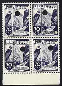 Peru 1938 Condor & Canyon 70c perforated proof block of 4 in near issued colour each stamp with Waterlow\D5s security puncture, unmounted mint, stamps on birds, stamps on birds of prey, stamps on mountains