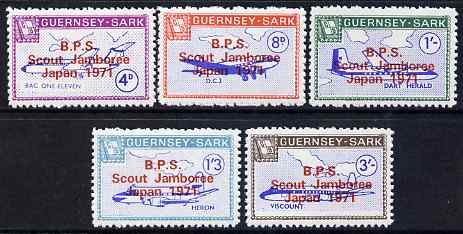 Guernsey - Sark 1971 Scout Jamboree overprint in red on Aircraft perf set of 5 unmounted mint, stamps on scouts, stamps on aviation, stamps on douglas, stamps on  dc-3 , stamps on 