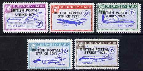 Guernsey - Sark 1971 British Postal Strike overprint in black on Aircraft perf set of 5 unmounted mint, stamps on , stamps on  stamps on strike, stamps on  stamps on postal, stamps on  stamps on aviation, stamps on  stamps on douglas, stamps on  stamps on  dc-3 , stamps on  stamps on 