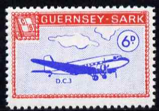 Guernsey - Sark 1966 Aircraft 6d Douglas DC-3 with Europa overprint omitted unmounted mint (blocks available price pro-rata) see note after Rosen CS 101, stamps on , stamps on  stamps on aviation, stamps on  stamps on douglas, stamps on  stamps on dc-3, stamps on  stamps on maps