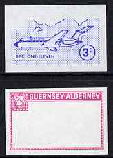 Guernsey - Alderney 1967 Aircraft - 3d BAC-111 imperf proofs comprising the central vignette in blue and the frame in carmine, both unmounted mint as Rosen CSA 77, stamps on , stamps on  stamps on aviation, stamps on  stamps on bac-111, stamps on  stamps on  bac , stamps on  stamps on 