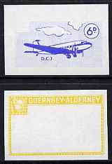 Guernsey - Alderney 1967 Aircraft - 6d Douglas DC-3 imperf proofs comprising the central vignette in blue and the frame in yellow, both unmounted mint as Rosen CSA 78, stamps on aviation, stamps on douglas, stamps on dc-3, stamps on 