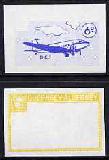 Guernsey - Alderney 1967 Aircraft - 6d Douglas DC-3 imperf proofs comprising the central vignette in blue and the frame in yellow, both unmounted mint as Rosen CSA 78, stamps on , stamps on  stamps on aviation, stamps on  stamps on douglas, stamps on  stamps on dc-3, stamps on  stamps on 