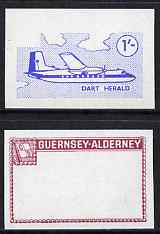 Guernsey - Alderney 1967 Aircraft - 1s Dart Herald imperf proofs comprising the central vignette in blue and the frame in maroon, both unmounted mint as Rosen CSA 79, stamps on , stamps on  stamps on aviation, stamps on  stamps on 