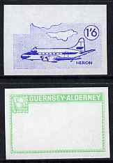 Guernsey - Alderney 1967 Aircraft - 1s6d Heron imperf proofs comprising the central vignette in blue and the frame in emerald, both unmounted mint as Rosen CSA 80, stamps on , stamps on  stamps on aviation, stamps on  stamps on heron