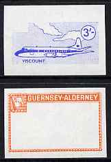 Guernsey - Alderney 1967 Aircraft - 3s Viscount imperf proofs comprising the central vignette in blue and the frame in vermilion, both unmounted mint as Rosen CSA 81, stamps on , stamps on  stamps on aviation, stamps on  stamps on viscount