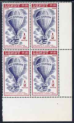 Lundy 1954 definitive Airmail with dates 1/2p Mrs Grahams Balloon corner block of 4, second stamp with variety distorted P of Puffin unmounted mint Rosen LU 99var, stamps on aviation, stamps on balloons