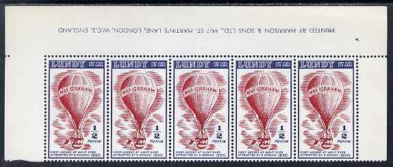 Lundy 1954 definitive Airmail without dates 1/2p Mrs Graham's Balloon marginal strip of 3, last stamp with variety 'flaw above 'N' of lundy' unmounted mint Rosen LU 105var, stamps on aviation, stamps on balloons