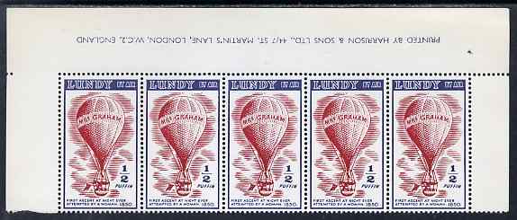 Lundy 1954 definitive Airmail without dates 1/2p Mrs Graham's Balloon marginal strip of 3, last stamp with variety 'flaw above 'N' of lundy' unmounted mint Rosen LU 105var, stamps on , stamps on  stamps on aviation, stamps on  stamps on balloons