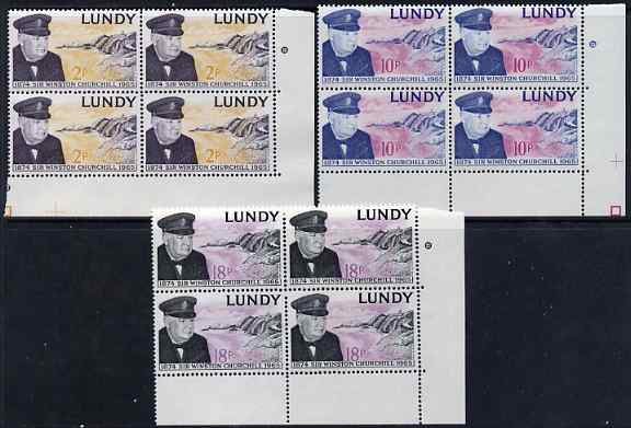 Lundy 1965 Sir Winston Churchill perf set of 3 in blocks of 4 unmounted mint Rosen LU 153-55, stamps on , stamps on  stamps on personalities, stamps on  stamps on churchill, stamps on  stamps on constitutions, stamps on  stamps on  ww2 , stamps on  stamps on masonry, stamps on  stamps on masonics, stamps on  stamps on 