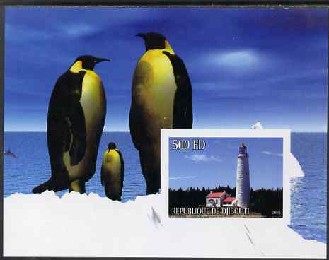 Djibouti 2005 Lighthouses #3 imperf s/sheet (with Penguins as background) unmounted mint, stamps on , stamps on  stamps on lighthouses, stamps on  stamps on birds, stamps on  stamps on penguins, stamps on  stamps on polar