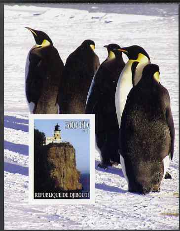 Djibouti 2005 Lighthouses #1 imperf s/sheet (with Penguins as background) unmounted mint, stamps on , stamps on  stamps on lighthouses, stamps on  stamps on birds, stamps on  stamps on penguins, stamps on  stamps on polar