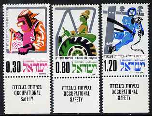 Israel 1975 Occupational Safety perf set of 3 unmounted mint with tabs, SG 592-4, stamps on , stamps on  stamps on judaica, stamps on  stamps on judaism, stamps on  stamps on tractors, stamps on  stamps on telephones, stamps on  stamps on energy, stamps on  stamps on electricity