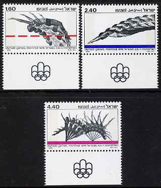 Israel 1976 Montreal Olympic Games perf set of 3 unmounted mint with tabs, SG 636-8, stamps on , stamps on  stamps on judaica, stamps on  stamps on judaism, stamps on  stamps on olympics, stamps on  stamps on  gym , stamps on  stamps on high jump, stamps on  stamps on swimming, stamps on  stamps on gymnastics