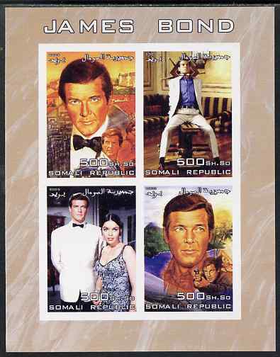 Somalia 2005 James Bond imperf sheetlet containing 4 values unmounted mint. Note this item is privately produced and is offered purely on its thematic appeal, stamps on , stamps on  stamps on movies, stamps on  stamps on films, stamps on  stamps on  spy , stamps on  stamps on cinena