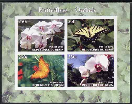 Benin 2005 Butterflies & Orchids imperf sheetlet containing 4 values unmounted mint, stamps on , stamps on  stamps on butterflies, stamps on  stamps on flowers, stamps on  stamps on orchids