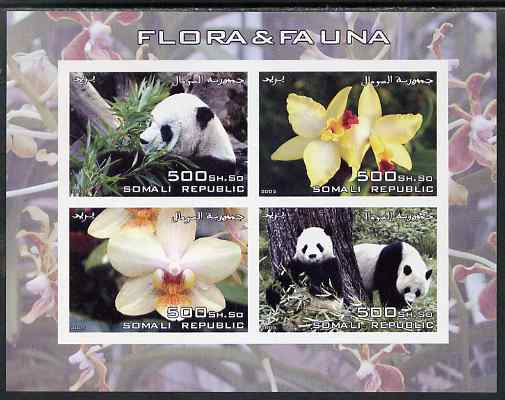 Somalia 2005 Flora & Fauna imperf sheetlet containing 4 values unmounted mint, stamps on animals, stamps on bears, stamps on pandas, stamps on flowers, stamps on orchids