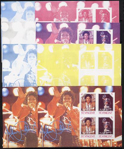 St Vincent 1985 Michael Jackson (Leaders of the World) 45c m/sheet, the set of 8 imperf progressive proofs comprising 4 individual colours plus 2, 3, 4 & all 5-colour composites, unmounted mint as SG MS 948a, stamps on , stamps on  stamps on personalities, stamps on  stamps on music, stamps on  stamps on pops, stamps on  stamps on rock