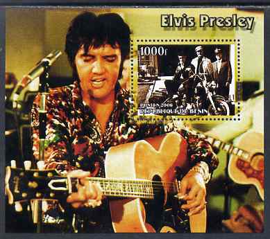 Benin 2006 Elvis Presley #2 (wearing coloured shirt) perf souvenir sheet unmounted mint, stamps on , stamps on  stamps on music, stamps on  stamps on personalities, stamps on  stamps on elvis, stamps on  stamps on entertainments, stamps on  stamps on films, stamps on  stamps on cinema, stamps on  stamps on motorbikes