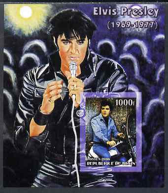 Benin 2006 Elvis Presley #1 (wearing leather suit) imperf souvenir sheet unmounted mint, stamps on , stamps on  stamps on music, stamps on  stamps on personalities, stamps on  stamps on elvis, stamps on  stamps on entertainments, stamps on  stamps on films, stamps on  stamps on cinema, stamps on  stamps on motorbikes