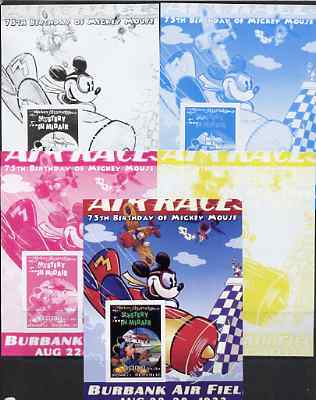 Somalia 2004 75th Birthday of Mickey Mouse #01 - Air Race m/sheet - the set of 5 imperf progressive proofs comprising the 4 individual colours plus all 4-colour composite, unmounted mint, stamps on disney, stamps on personalities, stamps on films, stamps on cinema, stamps on aviation
