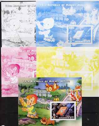 Benin 2004 75th Birthday of Mickey Mouse - Pinocchio m/sheet - the set of 5 imperf progressive proofs comprising the 4 individual colours plus all 4-colour composite, unm..., stamps on disney, stamps on personalities, stamps on films, stamps on cinema, stamps on 