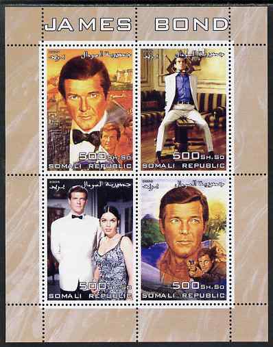 Somalia 2005 James Bond perf sheetlet containing 4 values unmounted mint, stamps on movies, stamps on films, stamps on  spy , stamps on cinena