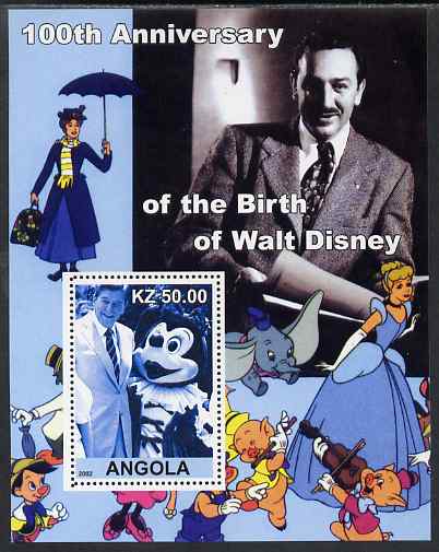 Angola 2002 Birth Centenary of Walt Disney #08 perf s/sheet - Mickey Mouse & Ronald Reagan unmounted mint, stamps on , stamps on  stamps on personalities, stamps on  stamps on films, stamps on  stamps on cinema, stamps on  stamps on movies, stamps on  stamps on disney, stamps on  stamps on usa presidents, stamps on  stamps on americana, stamps on  stamps on 