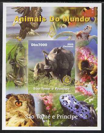 St Thomas & Prince Islands 2005 Animals of the World - Rhinoceros imperf s/sheet with Rotary Logo unmounted mint, stamps on , stamps on  stamps on animals, stamps on  stamps on rhinos, stamps on  stamps on rotary, stamps on  stamps on turtles, stamps on  stamps on birds, stamps on  stamps on birds of prey, stamps on  stamps on bees, stamps on  stamps on eagles, stamps on  stamps on owls, stamps on  stamps on frogs, stamps on  stamps on butterflies, stamps on  stamps on bats, stamps on  stamps on mammal