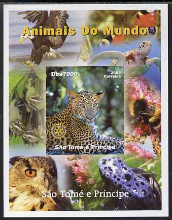 St Thomas & Prince Islands 2005 Animals of the World - Leopard imperf s/sheet with Rotary Logo unmounted mint, stamps on , stamps on  stamps on animals, stamps on  stamps on leopard, stamps on  stamps on cats, stamps on  stamps on rotary, stamps on  stamps on turtles, stamps on  stamps on birds, stamps on  stamps on birds of prey, stamps on  stamps on bees, stamps on  stamps on eagles, stamps on  stamps on owls, stamps on  stamps on frogs, stamps on  stamps on butterflies, stamps on  stamps on bats, stamps on  stamps on mammal