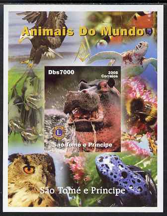 St Thomas & Prince Islands 2005 Animals of the World - Hippopotamus imperf s/sheet with Lions International Logo unmounted mint, stamps on animals, stamps on hippos, stamps on lions int, stamps on turtles, stamps on birds, stamps on birds of prey, stamps on bees, stamps on eagles, stamps on owls, stamps on frogs, stamps on butterflies, stamps on bats, stamps on mammal