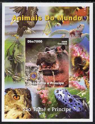 St Thomas & Prince Islands 2005 Animals of the World - Hippopotamus imperf s/sheet with Lions International Logo unmounted mint, stamps on , stamps on  stamps on animals, stamps on  stamps on hippos, stamps on  stamps on lions int, stamps on  stamps on turtles, stamps on  stamps on birds, stamps on  stamps on birds of prey, stamps on  stamps on bees, stamps on  stamps on eagles, stamps on  stamps on owls, stamps on  stamps on frogs, stamps on  stamps on butterflies, stamps on  stamps on bats, stamps on  stamps on mammal