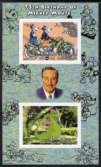 Somalia 2004 75th Birthday of Mickey Mouse #21 - Motorcycle & Dragon imperf sheetlet containing 2 values plus label, unmounted mint, stamps on , stamps on  stamps on disney, stamps on  stamps on motorbikes, stamps on  stamps on dragons, stamps on  stamps on films, stamps on  stamps on cinema, stamps on  stamps on movies