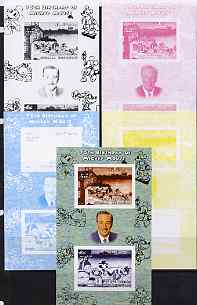 Somalia 2004 75th Birthday of Mickey Mouse #22 - Fire Station sheetlet containing 2 values plus  the set of 5 imperf progressive proofs comprising the 4 individual colour..., stamps on disney, stamps on fire, stamps on films, stamps on cinema, stamps on movies