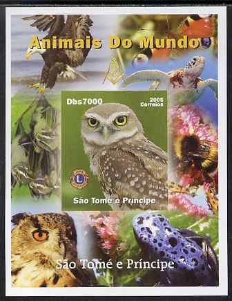 St Thomas & Prince Islands 2005 Animals of the World - Owl imperf s/sheet with Lions International Logo unmounted mint, stamps on , stamps on  stamps on animals, stamps on  stamps on lions int, stamps on  stamps on turtles, stamps on  stamps on birds, stamps on  stamps on birds of prey, stamps on  stamps on bees, stamps on  stamps on eagles, stamps on  stamps on owls, stamps on  stamps on frogs, stamps on  stamps on butterflies, stamps on  stamps on bats, stamps on  stamps on mammal