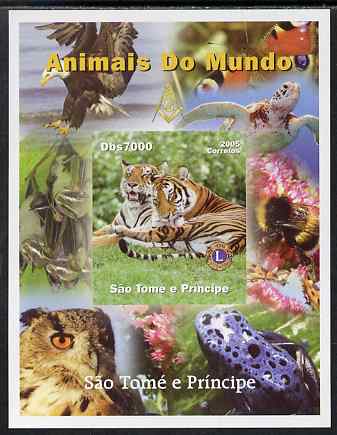 St Thomas & Prince Islands 2005 Animals of the World - Tigers imperf s/sheet with Lions International Logo unmounted mint, stamps on , stamps on  stamps on animals, stamps on  stamps on tigers, stamps on  stamps on lions int, stamps on  stamps on turtles, stamps on  stamps on birds, stamps on  stamps on birds of prey, stamps on  stamps on bees, stamps on  stamps on eagles, stamps on  stamps on owls, stamps on  stamps on frogs, stamps on  stamps on butterflies, stamps on  stamps on bats, stamps on  stamps on mammal