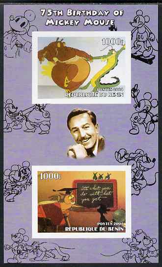 Benin 2004 75th Birthday of Mickey Mouse - Scenes from Fantasia & Wise Old Owl perf sheetlet containing 2 values plus label, unmounted mint, stamps on disney, stamps on owls, stamps on films, stamps on cinema, stamps on movies